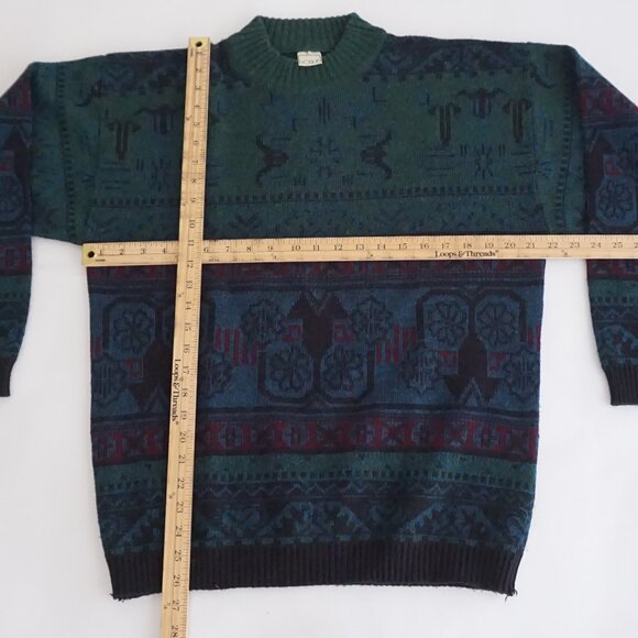 Vintage Vogue Green Patterned Winter Knit Sweater Cabincore Old Money L - Picture 3 of 9